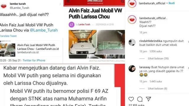 Unggahan Alvin Faiz menjual mobil