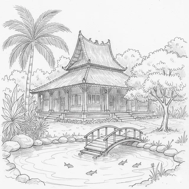 Rumah Tradisional dengan Kolam Ikan dan Jembatan Kecil
