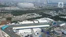 Foto udara area perhelatan ajang balap mobil listrik Formula E di Jakarta International E-Prix Circuit (JIEC) kawasan Ancol Jakarta, Rabu (31/5/2023). Perhelatan ajang balap mobil listrik Jakarta E-Prix 2023 akan digelar Sabtu dan Minggu 3-4 Juni mendatang di JIEC. (Liputan6.com/Herman Zakharia)