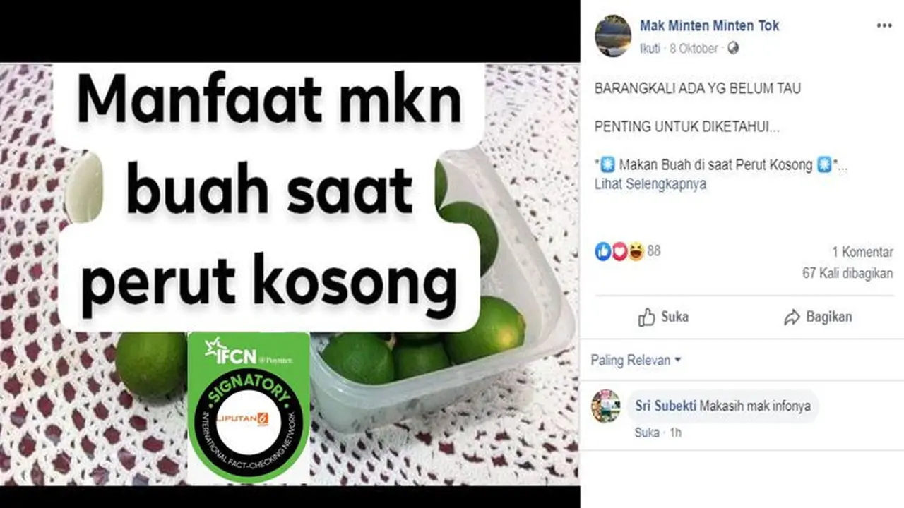 [Cek Fakta] Gambar Tangkapan Layar Pesan Berantai Tentang Manfaat Memakan Buah