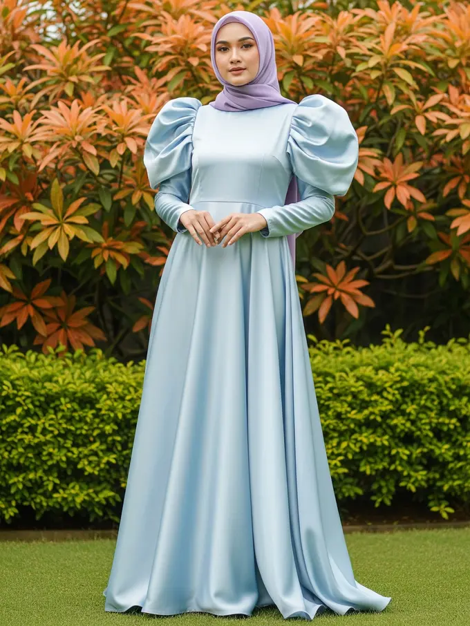 Gaun Maxi Pesta Muslimah Satin Pastel