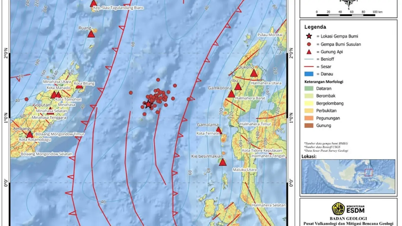 Peta kawasan rawan bencana gempa bumi dan lokasi bermagnitudo M 7,2 pada kedalaman 61 km berjarak 127 km sebelah tenggara Bitung, Kamis, 2 April 2026, pukul 05.48 WIB.