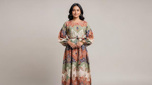 Dress Boho Batik Premium Lengan Balon Panjang
