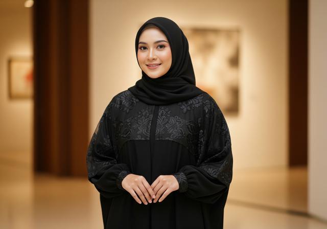 1. Gamis Hitam Aksen Brokat Transparan