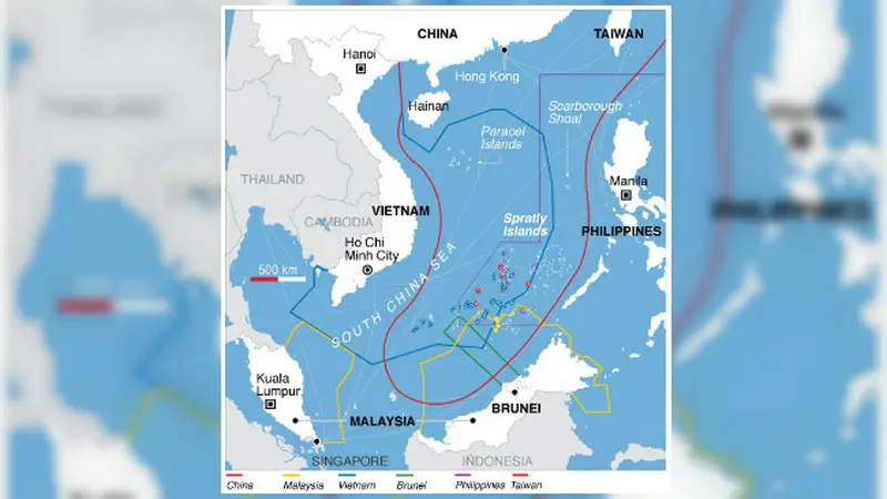 klaim tumpang tindih negara-negara Asia Tenggara, China, dan Taiwan atas Laut China Selatan (VOA Wikimedia Commons) 2