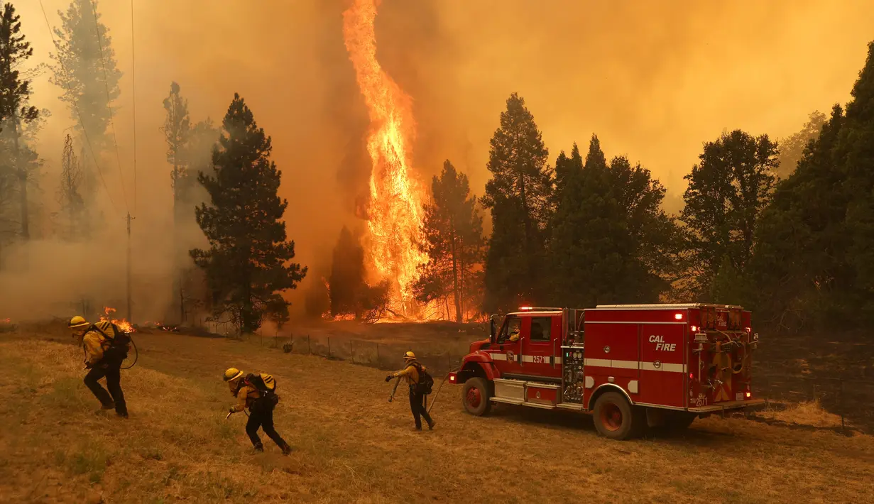 Petugas pemadam kebakaran berusaha memadamkan apidi dekat Mariposa, California (23/7/2022). Api yang bergerak cepat membakar di luar Taman Nasional Yosemite telah memaksa evakuasi, menghanguskan lebih dari 11.500 hektar dan telah menghancurkan beberapa rumah sejak mulai Jumat sore. (Justin Sullivan/Getty Images/AFP)