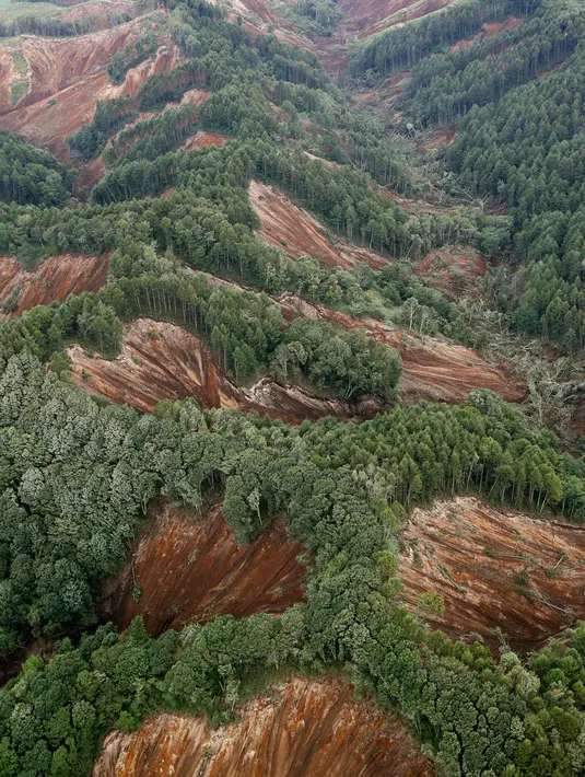 Pemandangan tanah longsor setelah gempa mengguncang Kota Atsuma, Prefektur Hokkaido, Jepang, Kamis (6/9). Gempa Magnitudo 6,6 mengakibatkan sejumlah lereng bukit longsor dan menerjang rumah warga. (Kyodo News via AP)