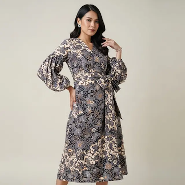 Midi Wrap Dress Batik Premium Lengan Balon Panjang