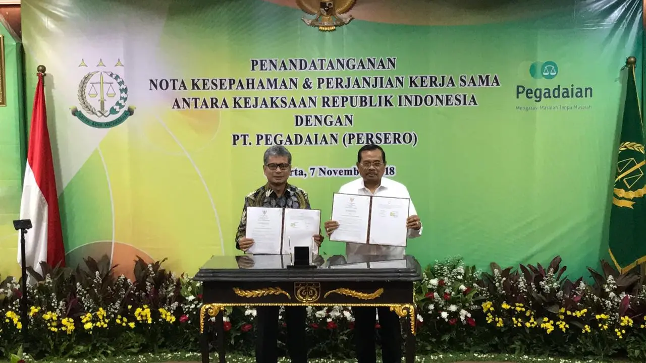 PT Pegadaian dan Kejaksaan Agung melakukan penandatanganan nota kesepahaman kerjasama untuk memastikan koordinasi penerapan fungsi tugas Perseroan dengan prinsip Good Corporate Governance (GCG) sesuai dengan hukum yang berlaku. Dok Pegadaian