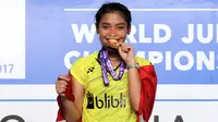 Gregoria Mariska Tunjung meraih medali emas tunggal putri Kejuaraan Dunia Junior Bulu Tangkis 2017 di GOR Among Rogo, Yogyakarta, Minggu (22/10/2017). (Humas PP PBSI)
