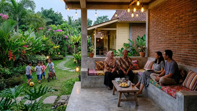 Desain Area Santai Permanen dari Semen dan Bata Ekspos yang Cocok untuk Family Time Model Menghadap Taman