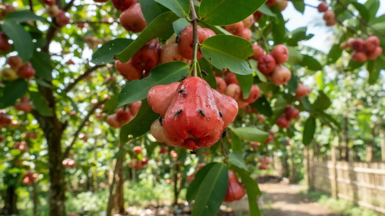 Buah jambu air yang dihinggapi lalat