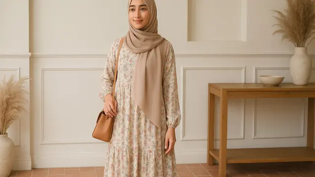 7 Model Gamis dengan Hijab Pashmina Lilit Simpel, Tampil Anggun Tanpa Ribet