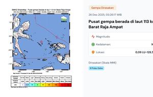 Gempa hari ini saat cuti bersama Natal, Jumat (26/12/2025) menggetarkan pukul 03:26:17 WIB di wilayah Raja Ampat, Provinsi Papua Barat Daya. (www.bmkg.go.id)