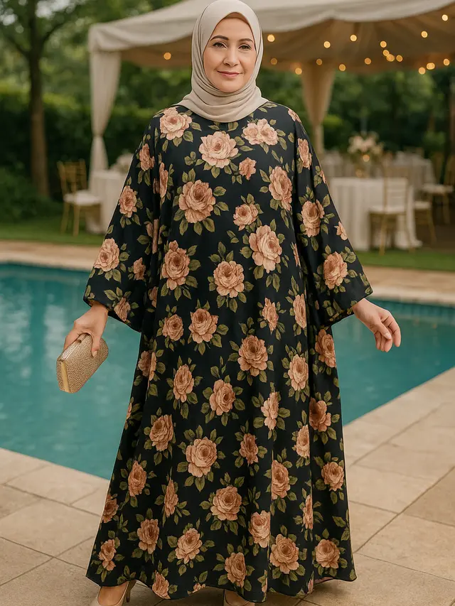 Gamis Abaya Motif Bunga untuk Kondangan Ibu-ibu Usia 50 Tahunan