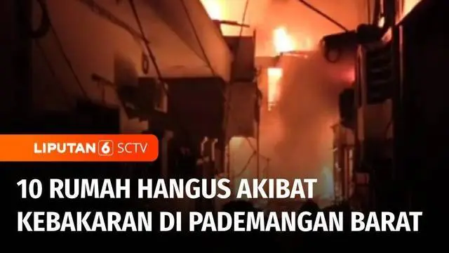 Kebakaran pada dini hari tadi menghanguskan setidaknya 10 rumah di Pademangan Barat, Jakarta Utara. Titik api yang berada di gang sempit, sempat menyulitkan proses pemadaman. Diduga kebakaran terjadi akibat kebocoran tabung gas elpiji.