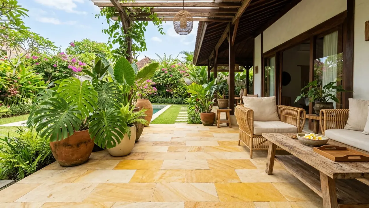 Desain Teras Rumah dengan Lantai Batu Alam Minimalis yang Elegan dan Sejuk