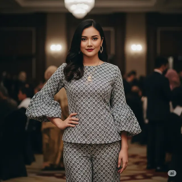 Setelan Batik Atasan Lengan Balon & Celana Senada