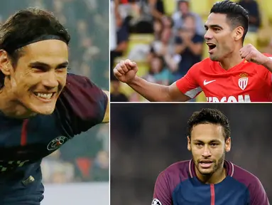 Berikut ini top scorer sementara Liga 1 Prancis 2017/2018 hingga pekan ke-11, Edinson Cavani dan Radamel Falcao bersaing di puncak, Neymar Jr tertinggal. (Kolase foto-foto dari AFP dan AP)