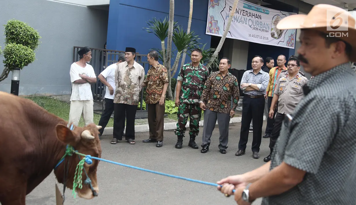 Direktur SCM Imam Sudjarwo saat penyerahan hewan kurban 1439 H di Studio 5 Indosiar, Jakarta, Kamis (16/8). SCM (SCTV - INDOSIAR) membagikan hewan kurban sebanyak 5 sapi dan 45 kambing. (Liputan6.com/Herman Zakharia)
