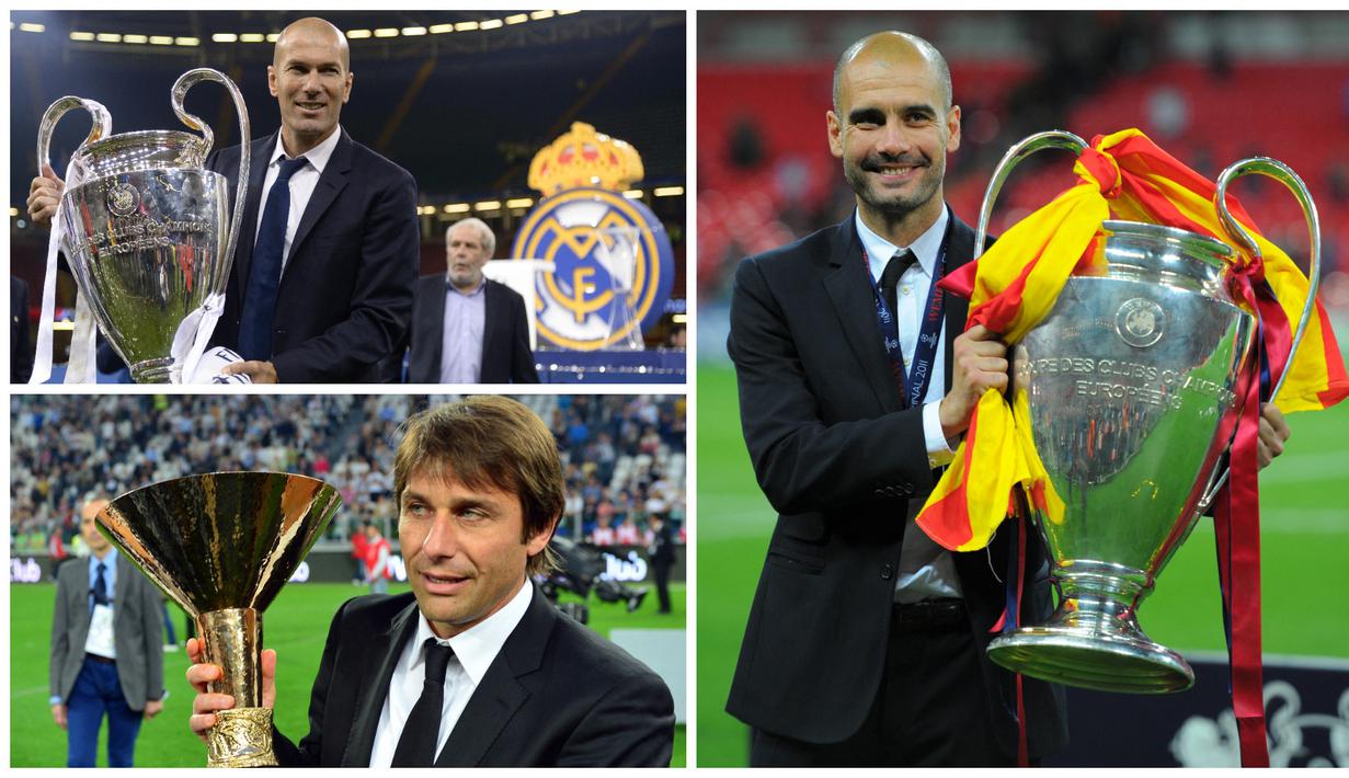 Foto kolase Josep Guardiola, Zinedine Zidane, dan Antonio Conte merupakan pemain bertahan yang hebat pada masanya dan sekarang mereka sukses dengan menjadi pelatih di tim mereka masing-masing. (Foto: AFP)