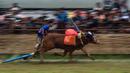 Seorang pemuda mengendarai kereta yang ditarik oleh dua ekor sapi jantan selama kompetisi balap banteng Karapan Sapi di Bangkalan, pulau Madura, Jawa Timur, Minggu (16/10/2022). Lomba karapan sapi yang memperebutkan Piala Presiden itu diikuti 24 pasang sapi dari sejumlah daerah di Madura. (Juni Kriswanto/AFP)