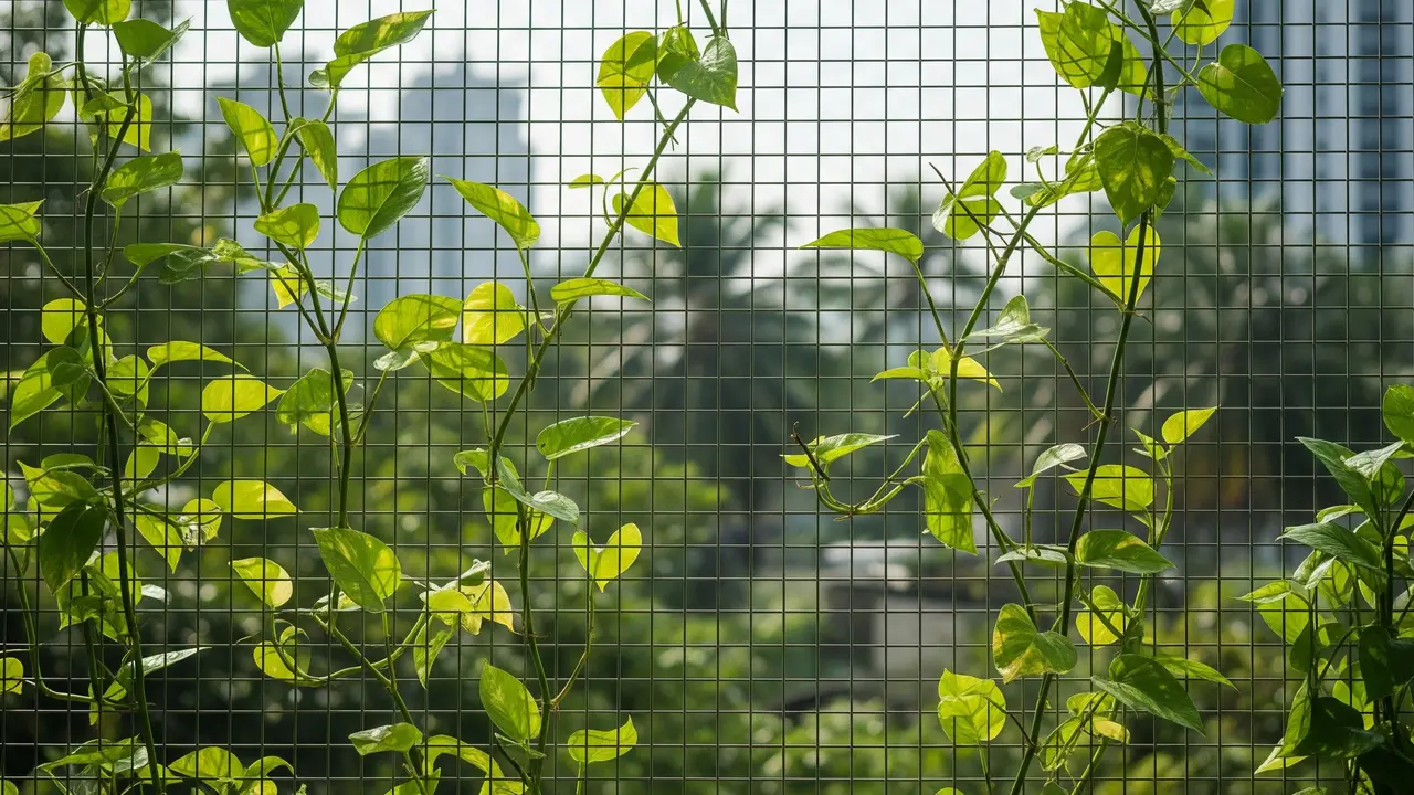 Pagar Wire Mesh dengan Tanaman Pothos Emas (Epipremnum aureum)