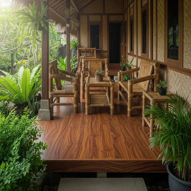 Perpaduan Lantai Teras Motif Kayu dengan Rumah Desa Sederhana