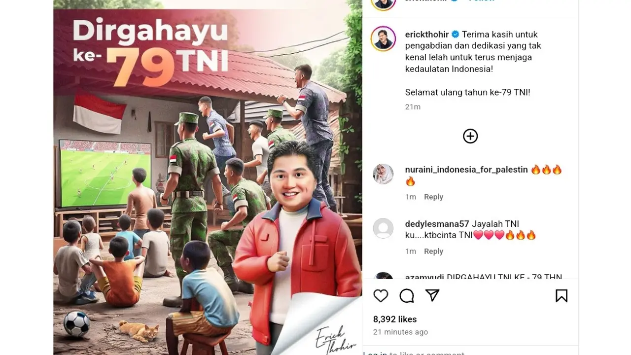 Menteri BUMN Erick Thohir mengucapkan Selamat Hari Ulang Tahun ke-79 TNI melalui akun instagram resmi  @erickthohir, Sabtu (5/10/2024). (Arief/Liputan6.com)