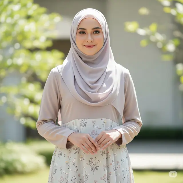 Gamis A-Line Kombinasi Polos & Bunga