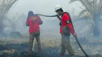 Petugas memadamkan kebakaran lahan di Kecamatan Dayun, Siak, yang disebut berada di sekitar ladang minyak. (Liputan6.com/Istimewa/M Syukur)