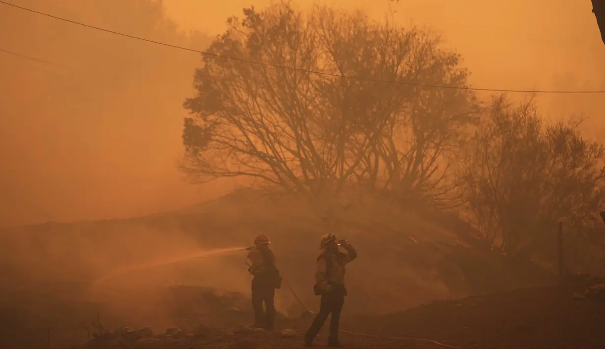 Kebakaran semak belukar yang terjadi pada hari Kamis 7 Agustus 2025 di sekitar Danau Piru, Ventura County mulai meluas. (AP Photo/Marcio Jose Sanchez)