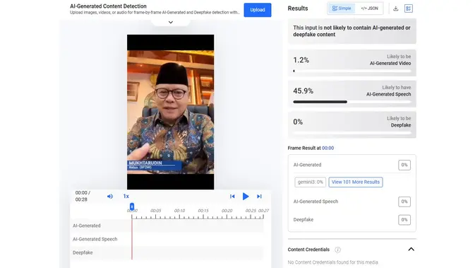 Video dan audio Menteri P2MI mengumumkan bantuan untuk pekerja migran menunjukkan hasil AI. (Foto: tangkapan layar Hive Moderation)