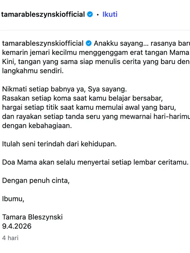 Unggahan Tamara Bleszynski. (Foto: Dok. Instagram @tamarableszynskiofficial)