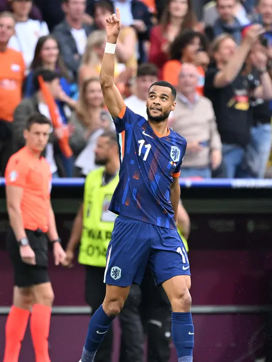 Pada menit ke-20, gol Cody Gakpo membuka kemenangan Belanda atas Rumania. (Kirill KUDRYAVTSEV/AFP)