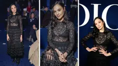 Foto kolase Gal Gadot saat menghadiri koleksi ready-to-wear Christian Dior Fall/Winter 2023-2024 di Paris pada Selasa, 28 Februari 2023. Bintang "Wonder Woman" tampil seksi memamerkan bra dalam balutan gaun renda hitam. (Vianney Le Caer/Invision/AP)