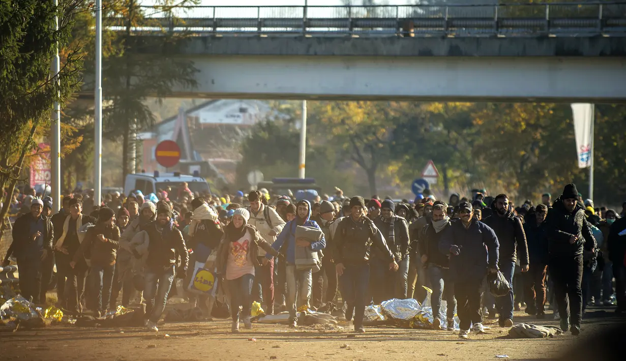 Ribuan imigran berjalan untuk menyeberang perbatasan Slovenia - Austria dari kota Sentilj, Selasa (3/11). Slovenia mengatakan kewalahan menghadapi arus ribuan migran yang melintasi wilayah negara itu untuk menuju Eropa barat. (AFP PHOTO/RENE GOMOLJ)