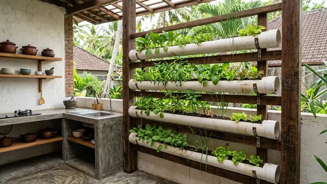 Ide Kebun Sayur Vertikal dari Paralon Bekas di Dapur Terbuka (AI Generated)