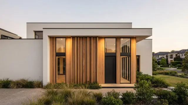 Model Fasad Rumah dengan Aksen Kayu Vertikal