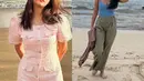 Berada di pantai keduanya memiliki gaya berbeda. Fuji dengan dress tweed pink berkancing. Dan Aaliyah tampil dengan atasan spaghetti strap baby blue dipadukan celana panjang. [@fuji_an/@aaliyah.massaid]
