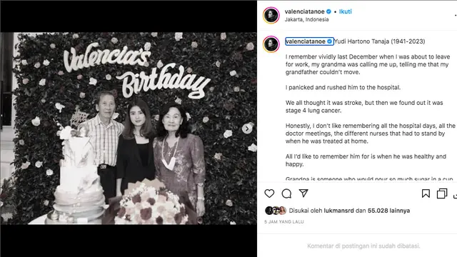 Kevin Sanjaya Sukamuljo Bagikan Kabar Duka, Kakek Valencia Tanoesoedibjo Meninggal Dunia Setelah Sempat Sakit Kanker Paru-Paru. (instagram.com/valenciatanoe)