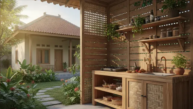 Desain Dapur Kecil Ala Tropis dengan Nuansa Kayu untuk Rumah Desa yang Hangat
