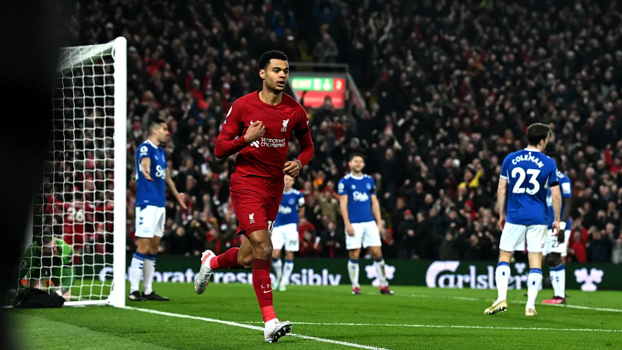 Selebrasi Cody Gakpo di laga Liverpool vs Everton