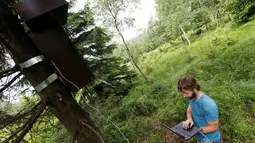 Jiri Sindelar saat memantau sarang canggih "Smart Nest Box" di hutan dekat Desa Mikulov, Republik Ceko (18/6). Sarang tersebut terpasang cahaya penghangat dan kamera. (REUTERS / David W Cerny)