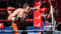 Petinju Filipina, Manny Pacquiao, berusaha melindungi mukanya saat diserang oleh Jeff Horn di Stadion Suncorp, Brisbane, Australia, Minggu (2/7/2017). Jeff Horn berhasil merebut sabuk juara kelas welter versi WBO dari tangan Pacquiao. (EPA/Dan Peled)