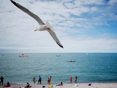 Seekor burung camar terbang di atas para pengunjung pantai di Etretat, Prancis barat laut (17/7). Kota ini merupakan kota wisata dan pertanian yang terletak sejauh 32 km (20 mi) dari Le Havre. (AFP Photo/Charly Triballeau)