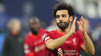 Ekspresi pemain Liverpool Mohamed Salah setelah pertandingan sepak bola final Liga Champions antara Liverpool dan Real Madrid di Stade de France, Saint Denis, Prancis, 28 Mei 2022. Real Madrid menang 1-0. (AP Photo/Petr David Josek)