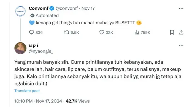 6 Cuitan Netizen Keluhkan Kebutuhan Wanita Mahal Ini Bikin Senyum Tipis