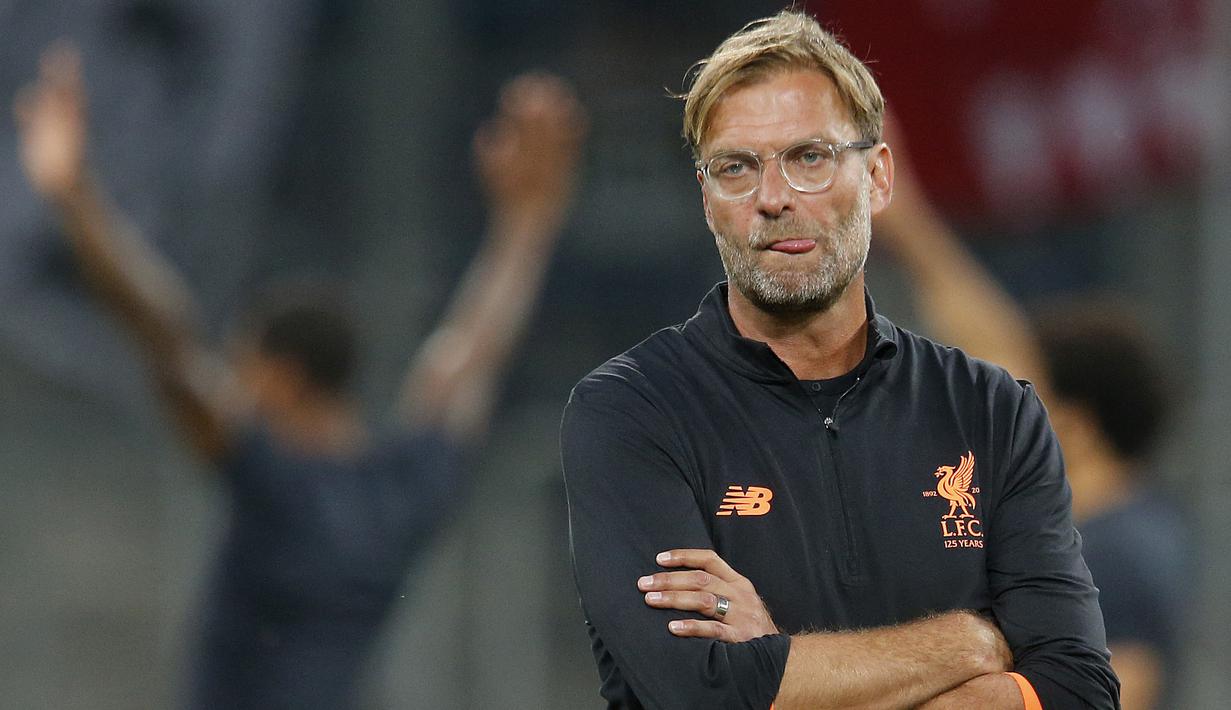 Ekspresi pelatih Liverpool, Jurgen Klopp usai laga timnya melawan Hoffenheim pada kualifikasi Liga Champions di Rhein-Neckar-Arena, Sinsheim, (15/8/2017). Liverpool menang 2-1.  (AP/Michael Probst)