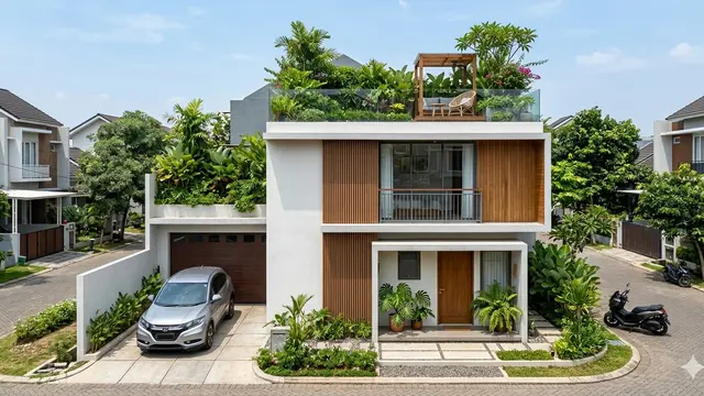 Rumah Kecil dengan Garasi dan Rooftop Modern (Foto: Gemini AI)